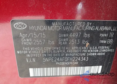 2015 Hyundai Sonata Se from USA, damaged, VIN 5NPE24AF0FH224343